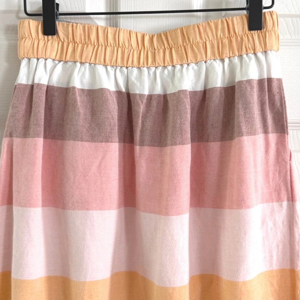 Loft Ann Taylor Striped Linen Blend Mini Skirt Orange Pink XS Pockets Elastic